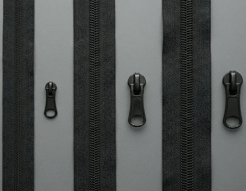 Сравнение молний YKK №5, №8 и №10 с подходящими бегунками и штангенциркулем на сером фоне для подбора нужного размера