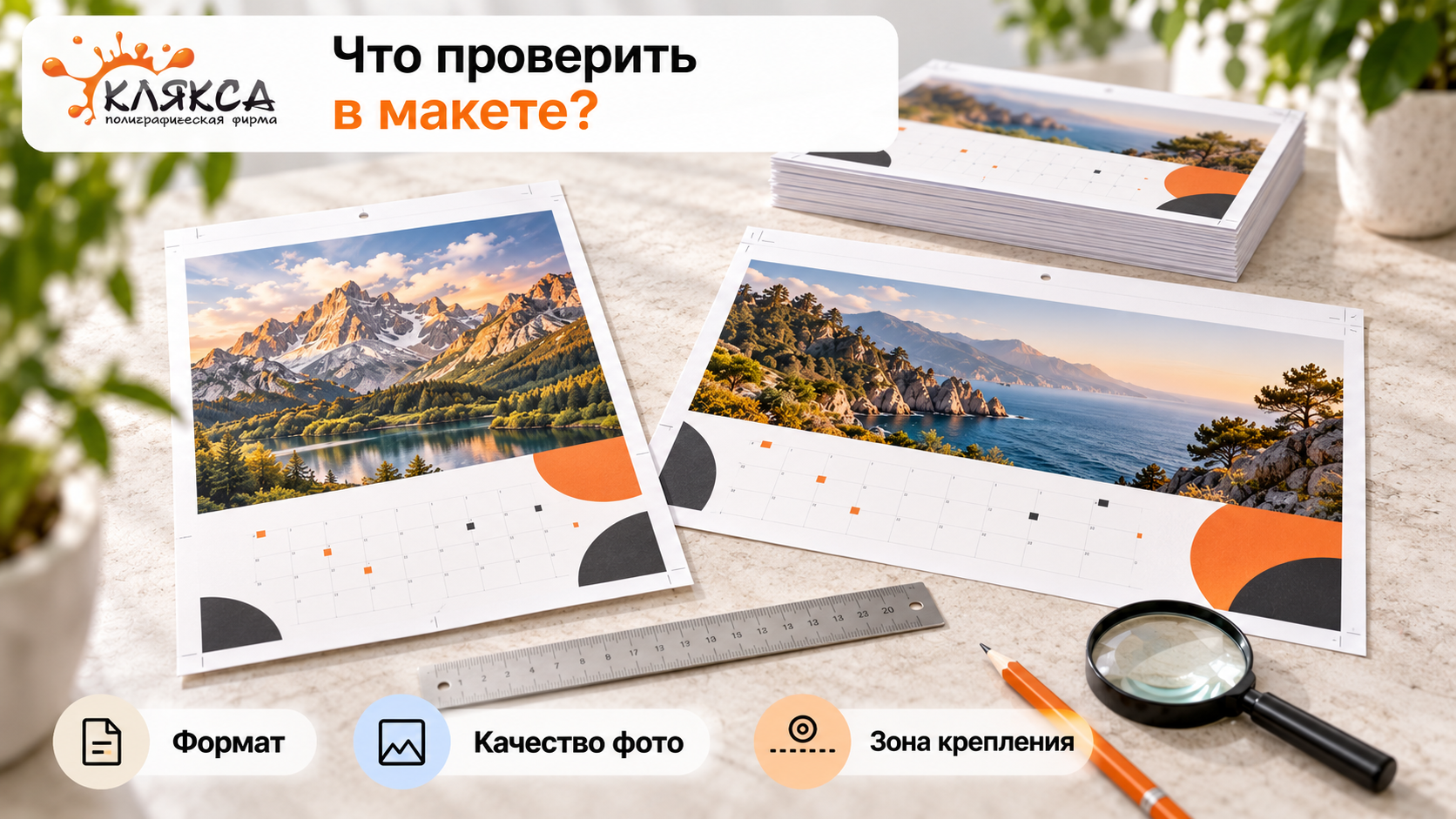 Вертикальный и горизонтальный макеты календаря А3, фотографии и зона крепления