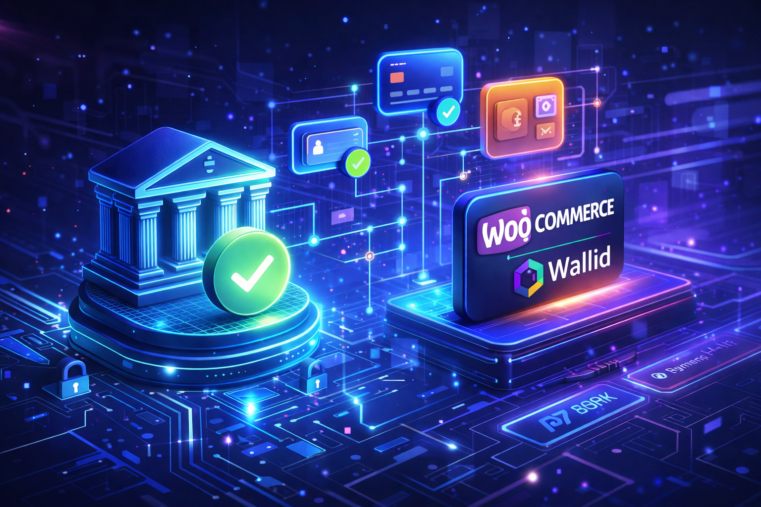 Futuristic illustration showing fragmented payment methods versus unified pay-by-bank flow in WooCommerce, highlighting Wallid bank-native infrastructure.