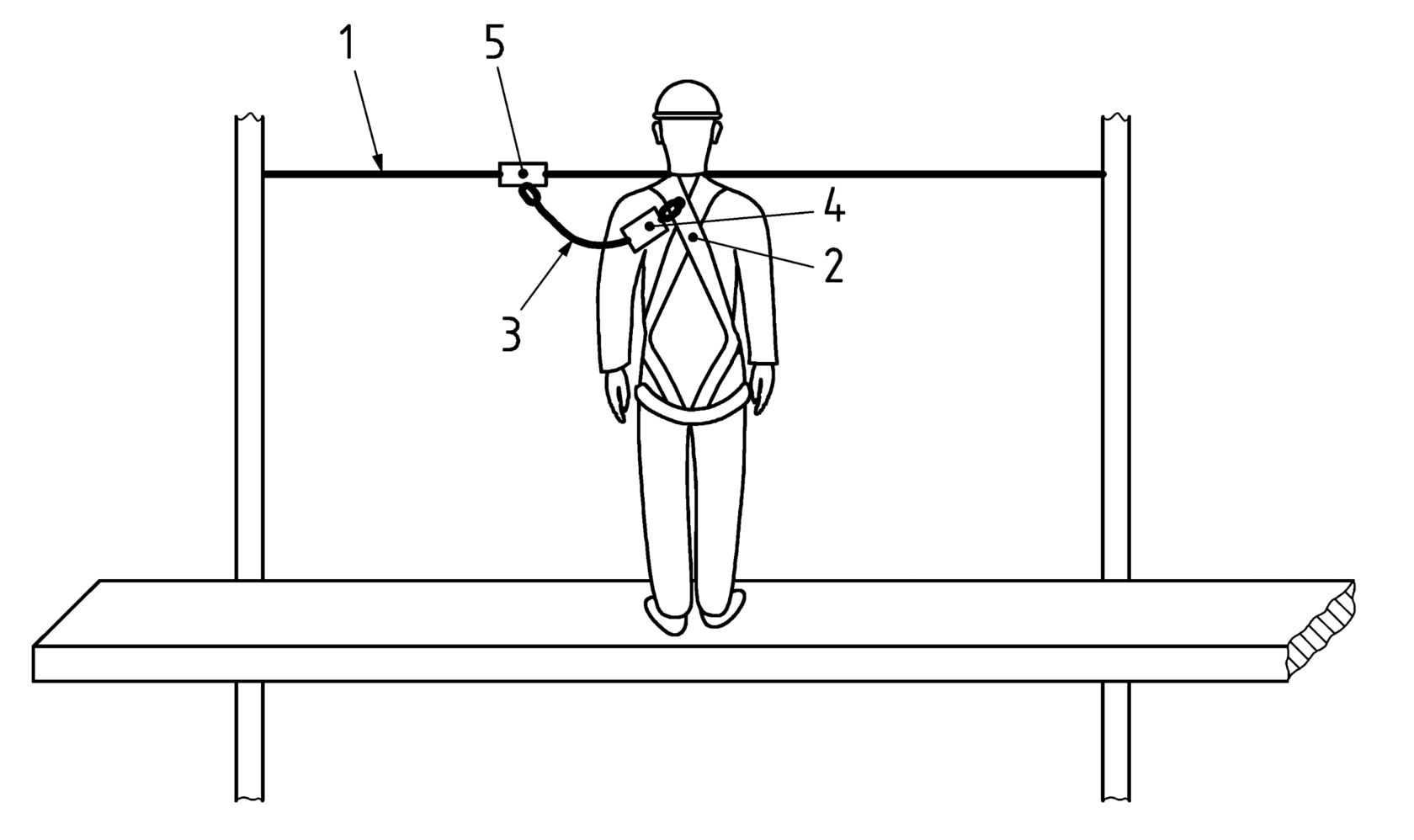 Страховочная система со стропом и амортизатором на горизонтальной анкерной линии