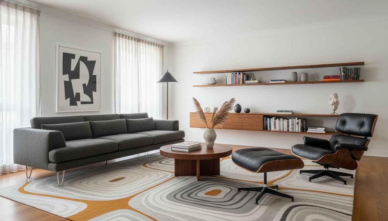 Гостиная в стиле модерн с диваном на тонких ножках и знаменитым креслом Eames Lounge Chair