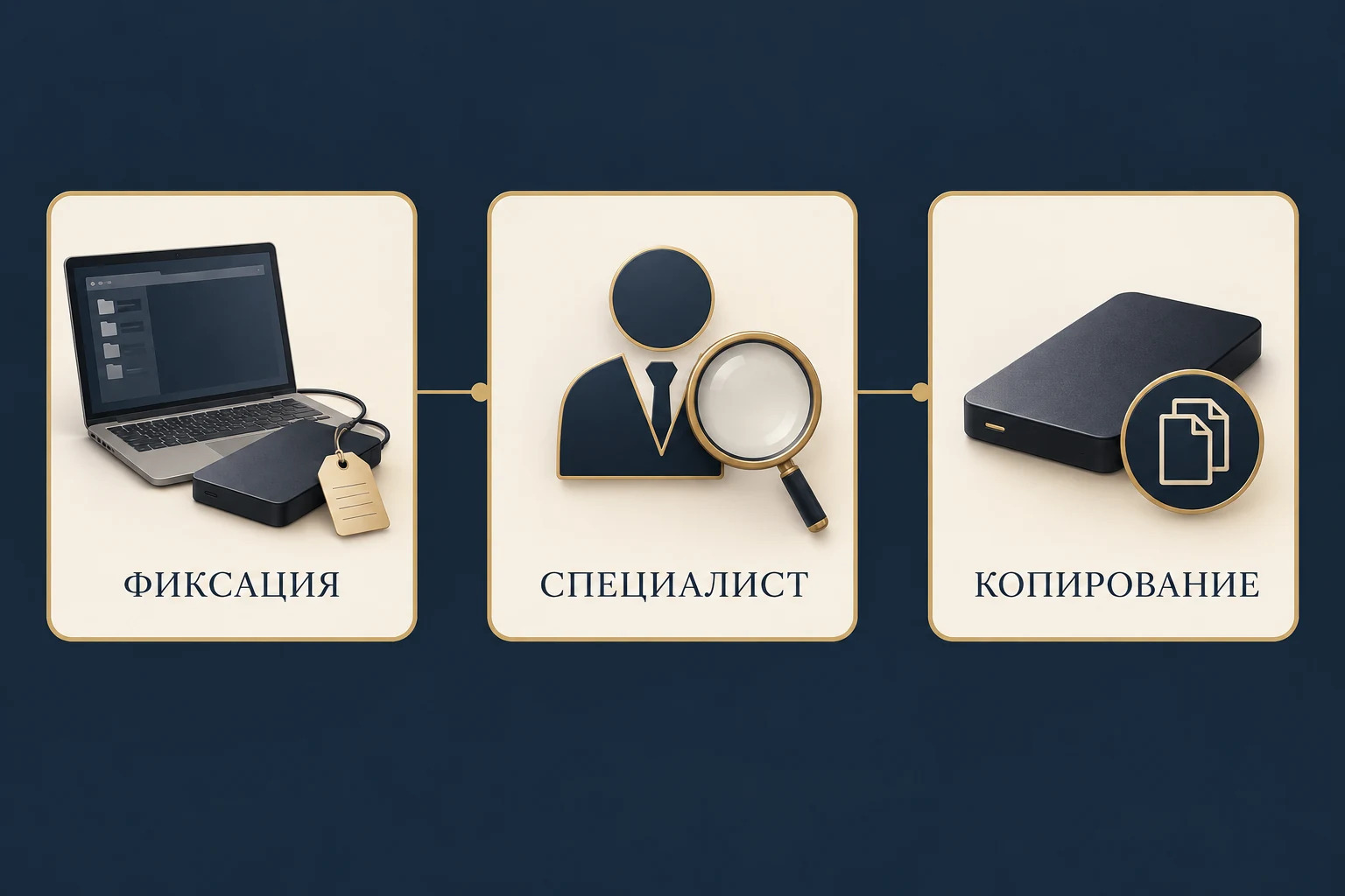 Концептуальная схема обращения с изымаемым электронным носителем: фиксация модели, участие специалиста и отдельный носитель для копирования