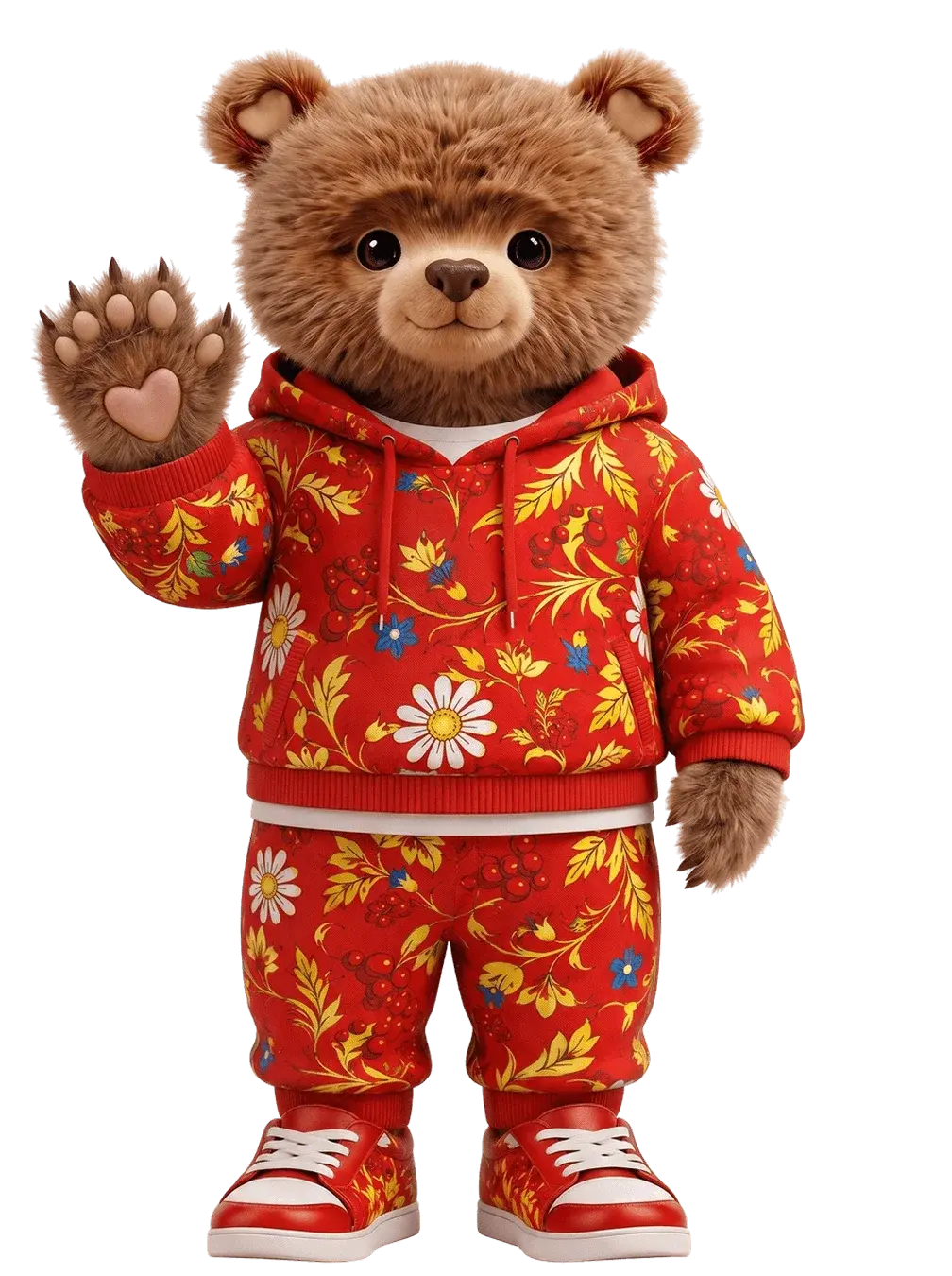 Mishka Top — a friendly bear in a red hoodie
