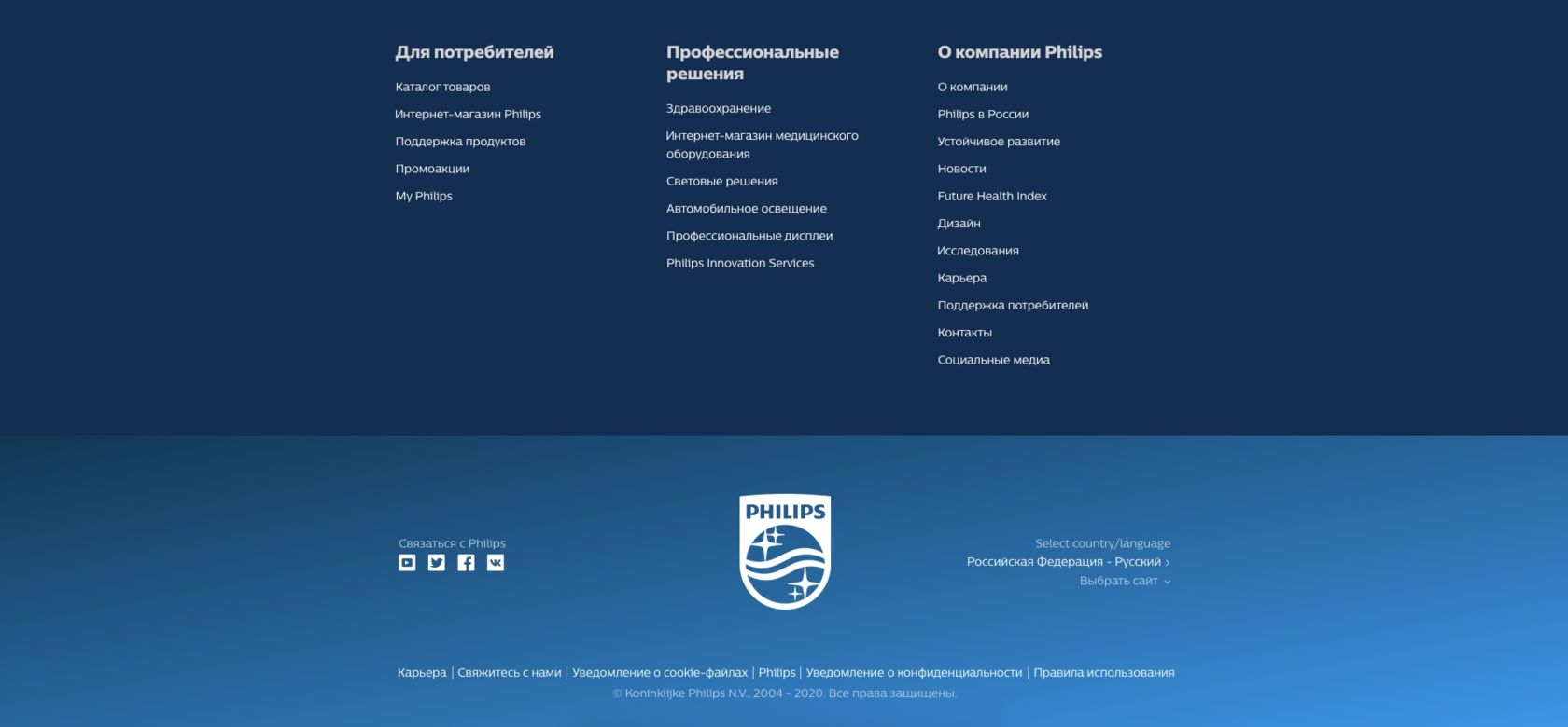 Пример подвала, вмещающего логотип, ссылки на все разделы сайта, соцсети и служебные страницы.