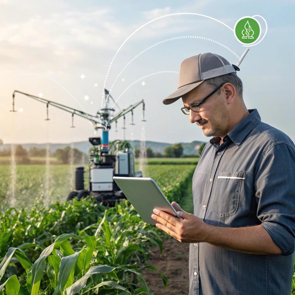 Мужчина с планшета управляет сельскохозяйственными машинами