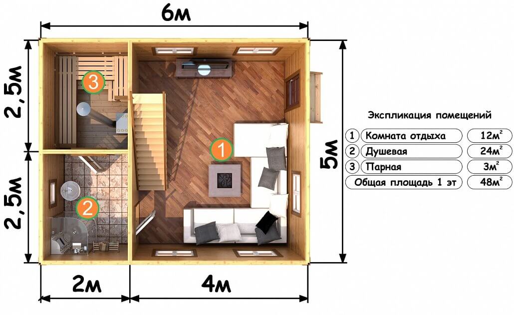 Проект бани 6х6 из бруса 1 этаж
