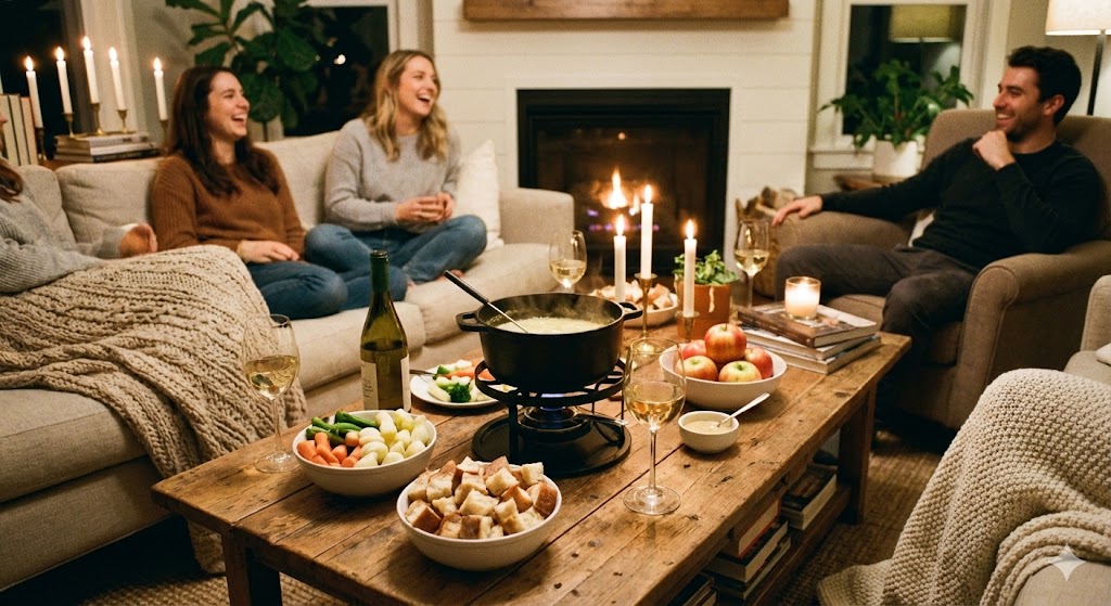 Уютная домашняя вечеринка с сырным фондю и закусками