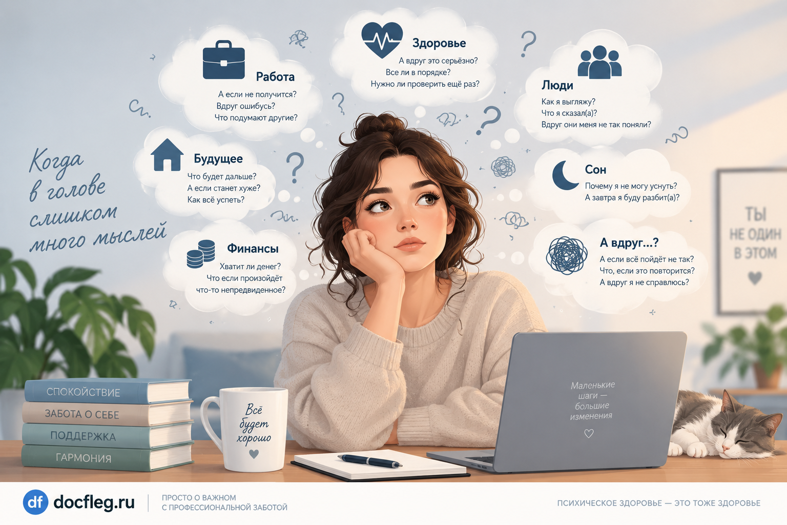 Тревожность: мысли о здоровье, работе, финансах, сне и будущем