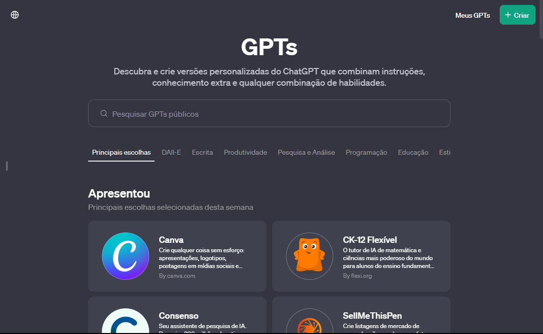 Imagem de apresentação de GPTs dentro da loja do ChatGPT Store