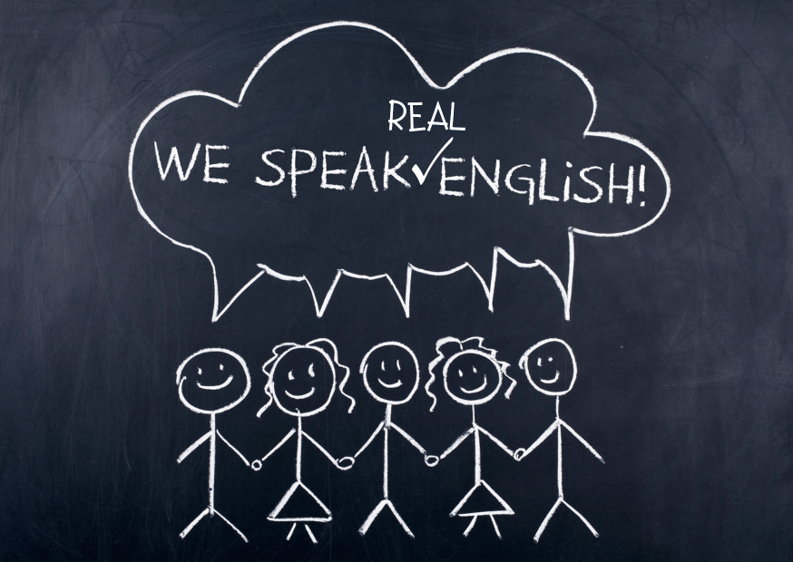 20 разговорных фраз на английском для общения: надпись на доске 'Real We Speak English!' и рисунок группы людей