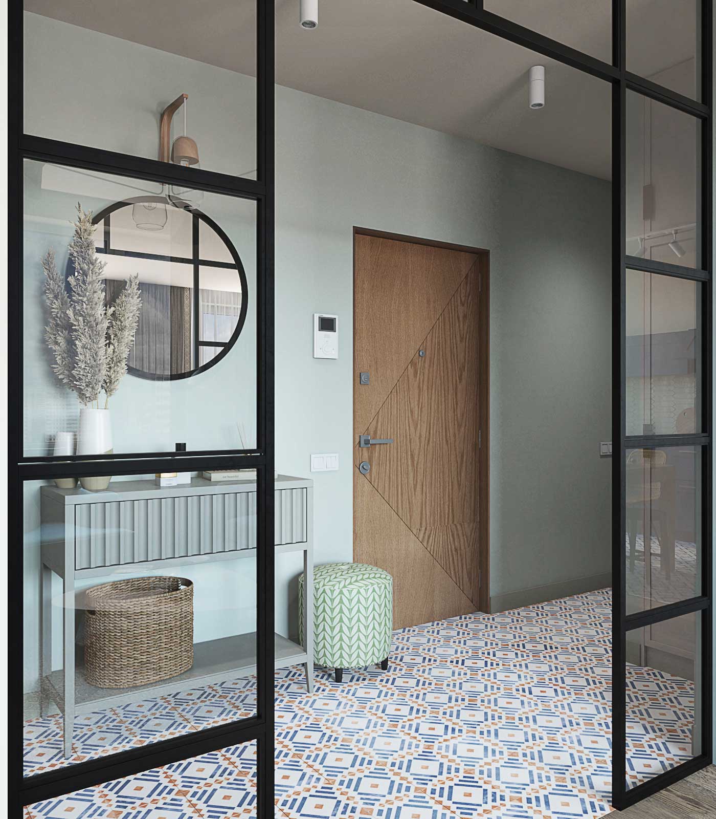 Деревянная входная дверь с прихожей. Напольная плитка с синим узором. Лофтовая черная перегородка в прихожей.
