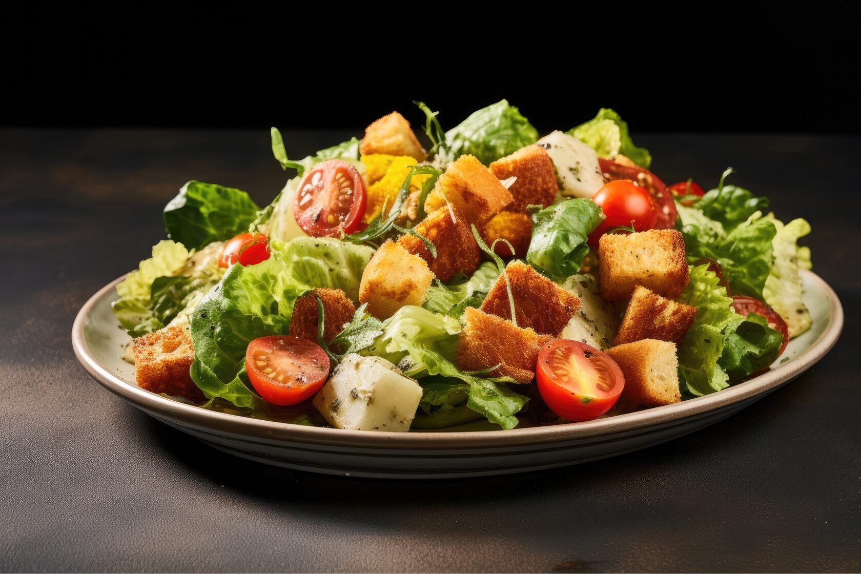 Plate of fresh iceberg lettuce salad topped with cherry tomatoes, croutons, and mixed greens, showcasing vibrant colors and textures, representing homegrown vegetable benefits.