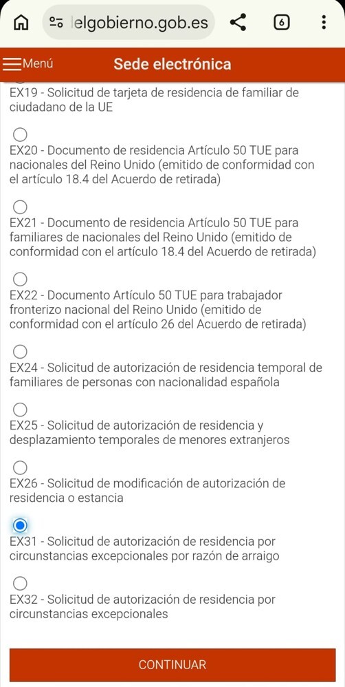 Lista de formularios — EX-31 seleccionado