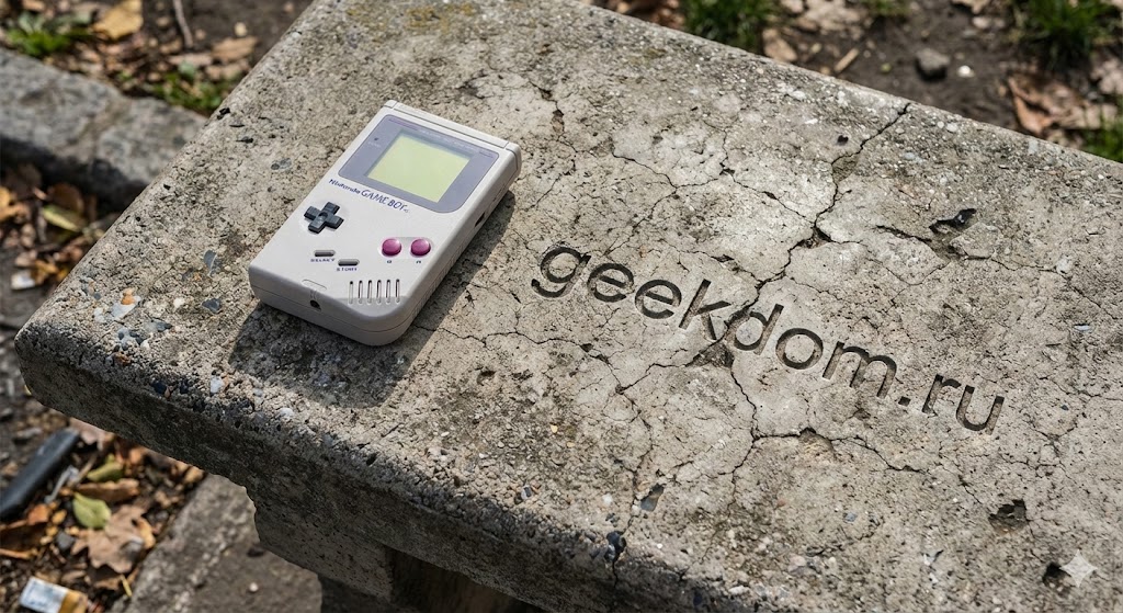 Старая портативная консоль на бетонной скамейке в парке