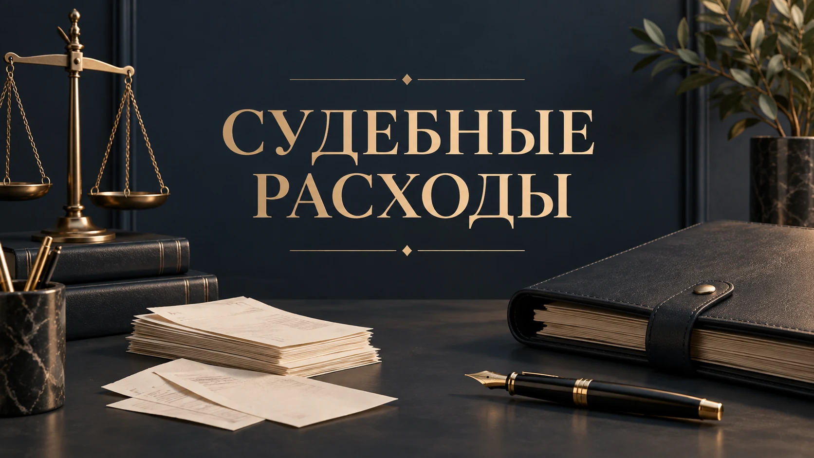Концептуальная обложка статьи о возмещении судебных расходов: папка дела, квитанции и золотистая ручка на кремовой бумаге