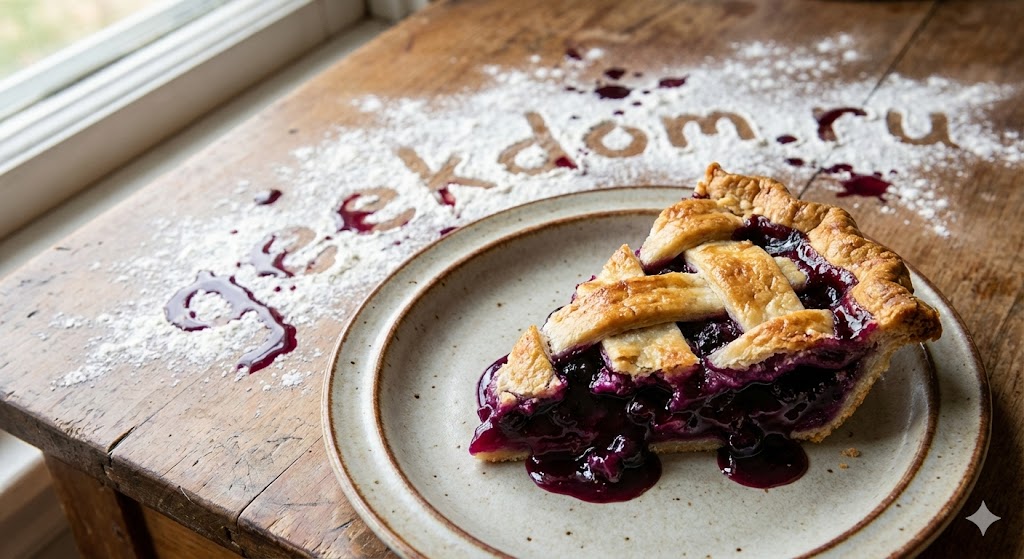 Кусок свежеиспеченного черничного пирога на тарелке с вытекающей начинкой