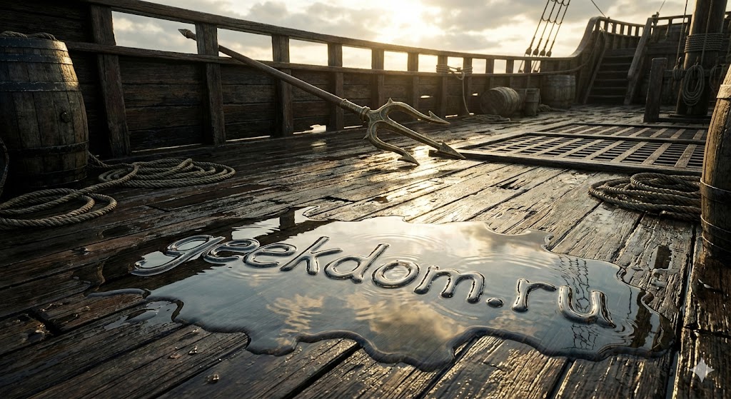 Трезубец на мокрой палубе корабля в День Нептуна.