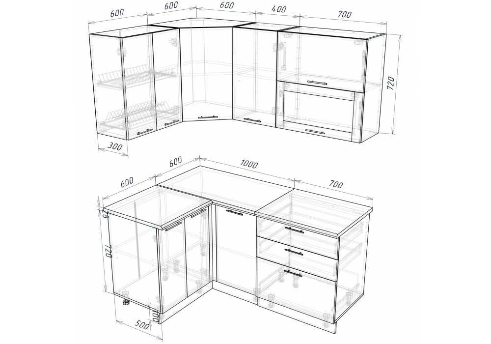 Проект кухни угловой с размерами с двухуровневыми шкафами