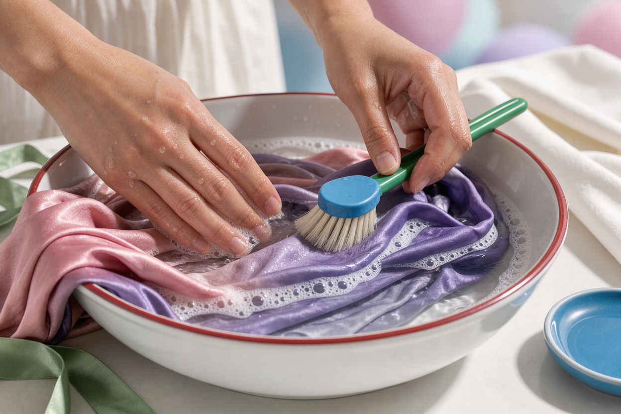 Close-up of hand-washing a delicate silk blouse in a basin with gentle suds and a soft brush, fibers visible (no brand logos)