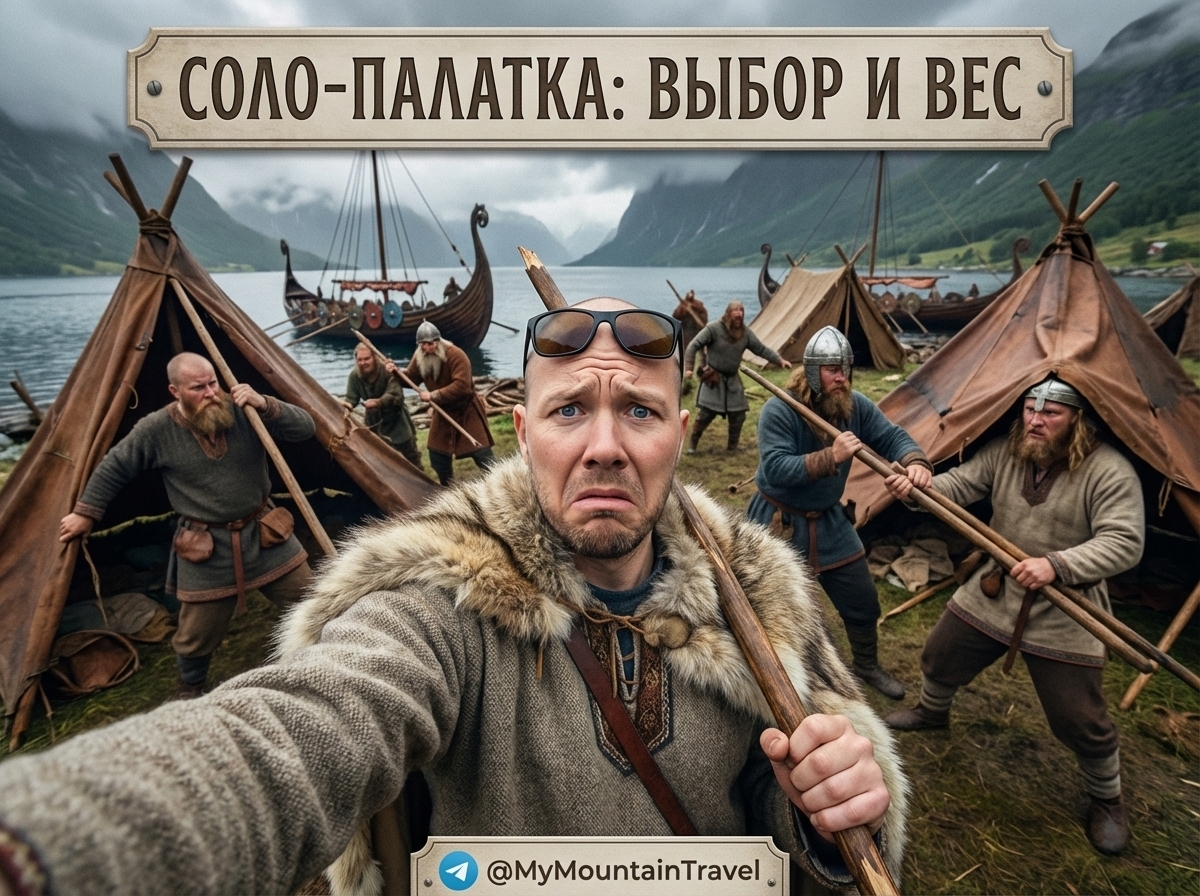 Одноместная ультралайт палатка в горах во время соло-похода