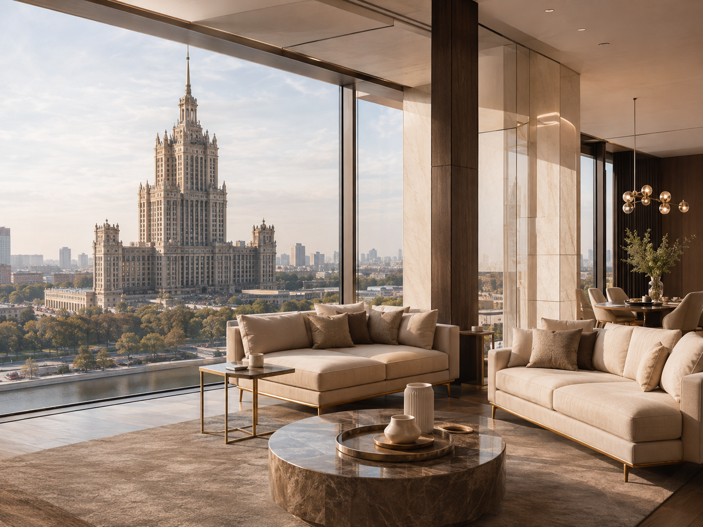Панорамный вид из роскошной московской квартиры с видом на сталинскую высотку и панораму города