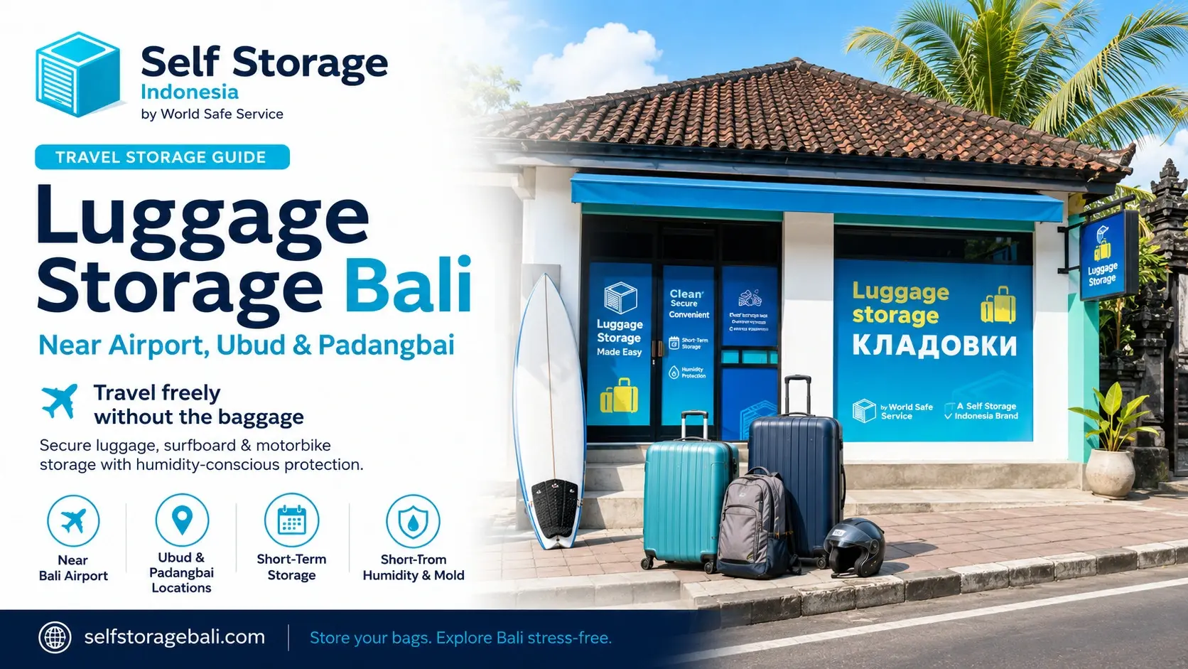 Secure luggage storage facilities in Bali near Ngurah Rai Airport Ubud and Padangbai showing a surfboard suitcases and a motorbike helmet outside a Self Storage Bali storefront.
