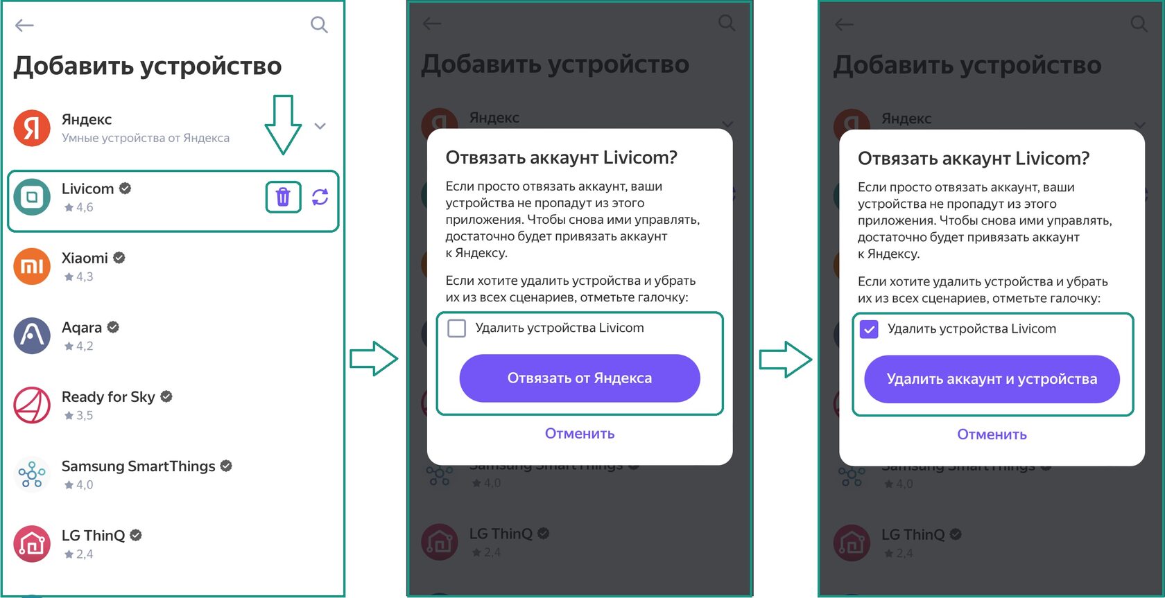 Разъединение аккаунтов Яндекс и Livicom