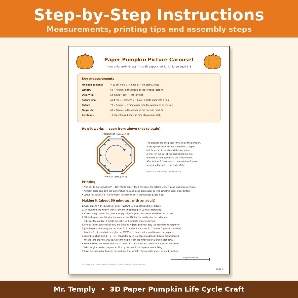 Step-by-step assembly instructions page for the 3D paper pumpkin