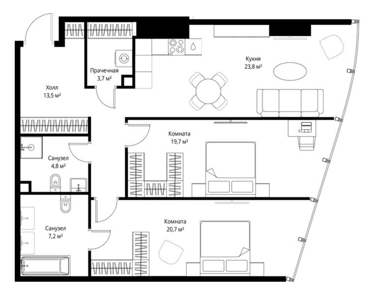 Планировка квартиры с 2 спальнями 93,4 м² в ЖК ONE: 51-й этаж