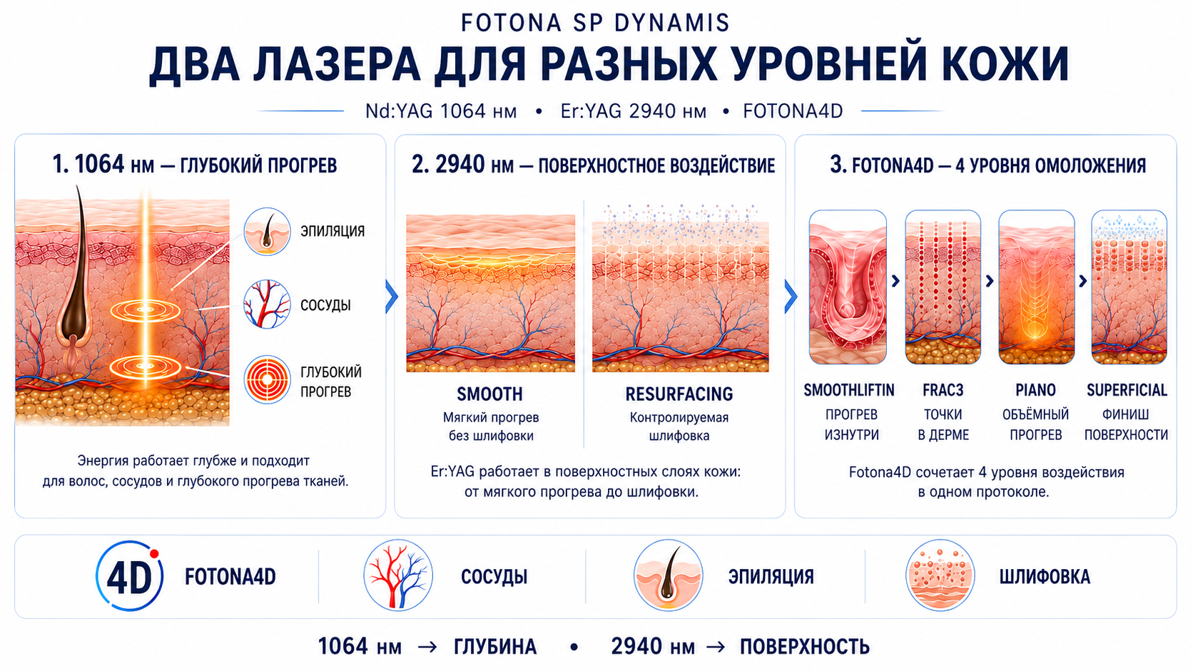 Fotona SP Dynamis: схема воздействия Er:YAG 2940 нм и Nd:YAG 1064 нм