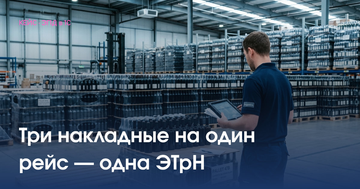 Паллеты с ящиками бутылок на складе алкогольной дистрибуции, сотрудник сверяет отгрузку по накладным на планшете — оформление ЭТрН из 1С