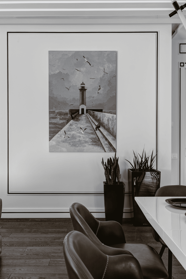 ЖК парк Рублево - Дизайн интерьера гостиная, картина, стол, стулья