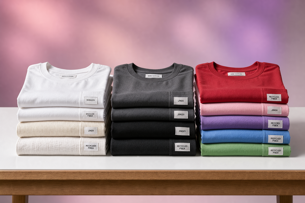 Stack of sorted T-shirts by color (white, dark, colored) and fabric types on a wooden table, showing labels and textures, no brand logos or cleaning products