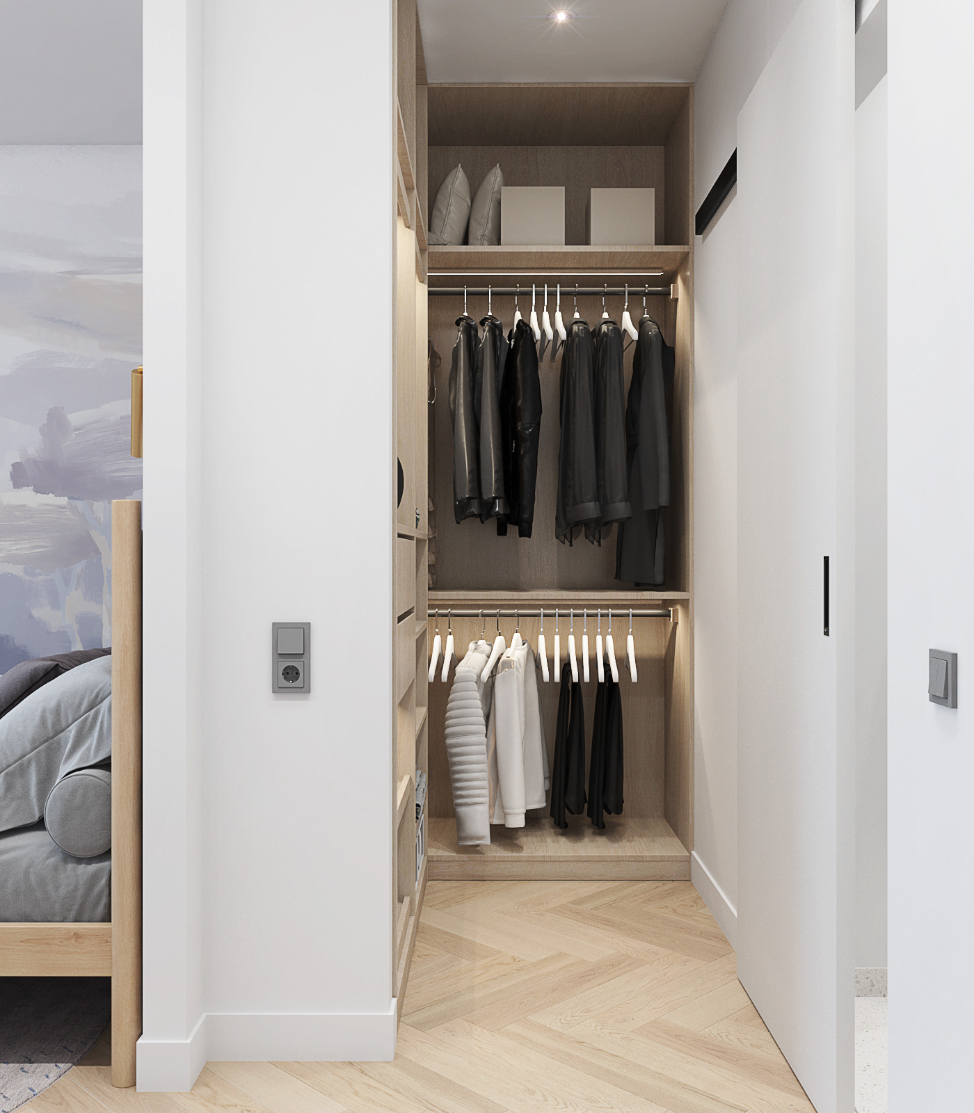 Гардеробная в спальне под светлое дерево. Раздвижная дверь. 