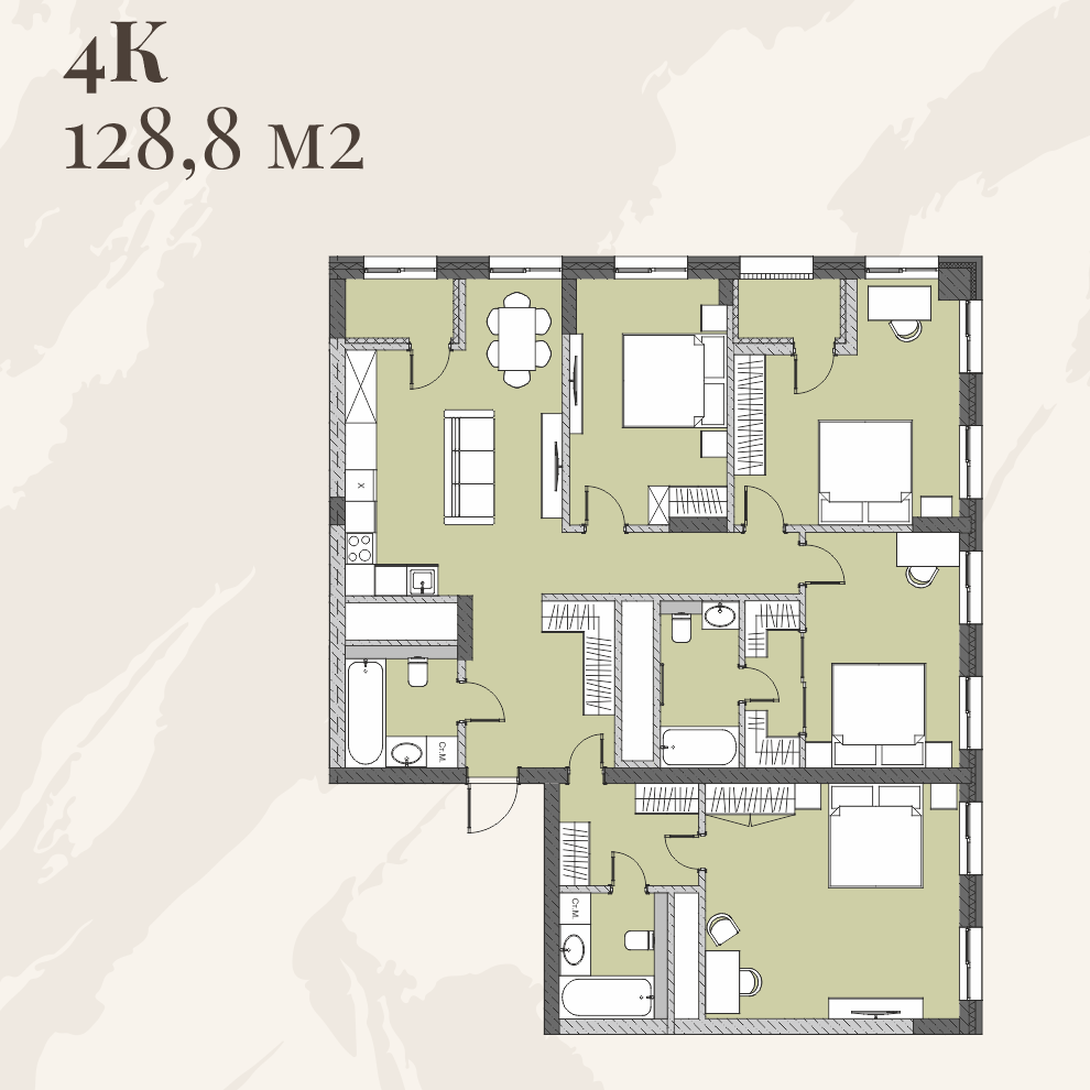 Планировка 4-комнатной квартиры в ЖК Олимпия, 128,8 м²