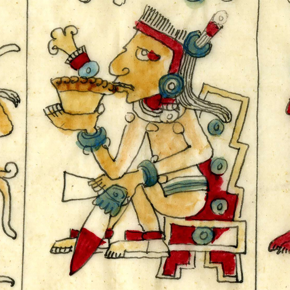 Ритуальное потребление какао. Фрагмент факсимильной копии Кодекса Борджии из коллекции The British Art Museum, London. Оригинал хранится в Ватиканской апостольской библиотеке в Ватикане