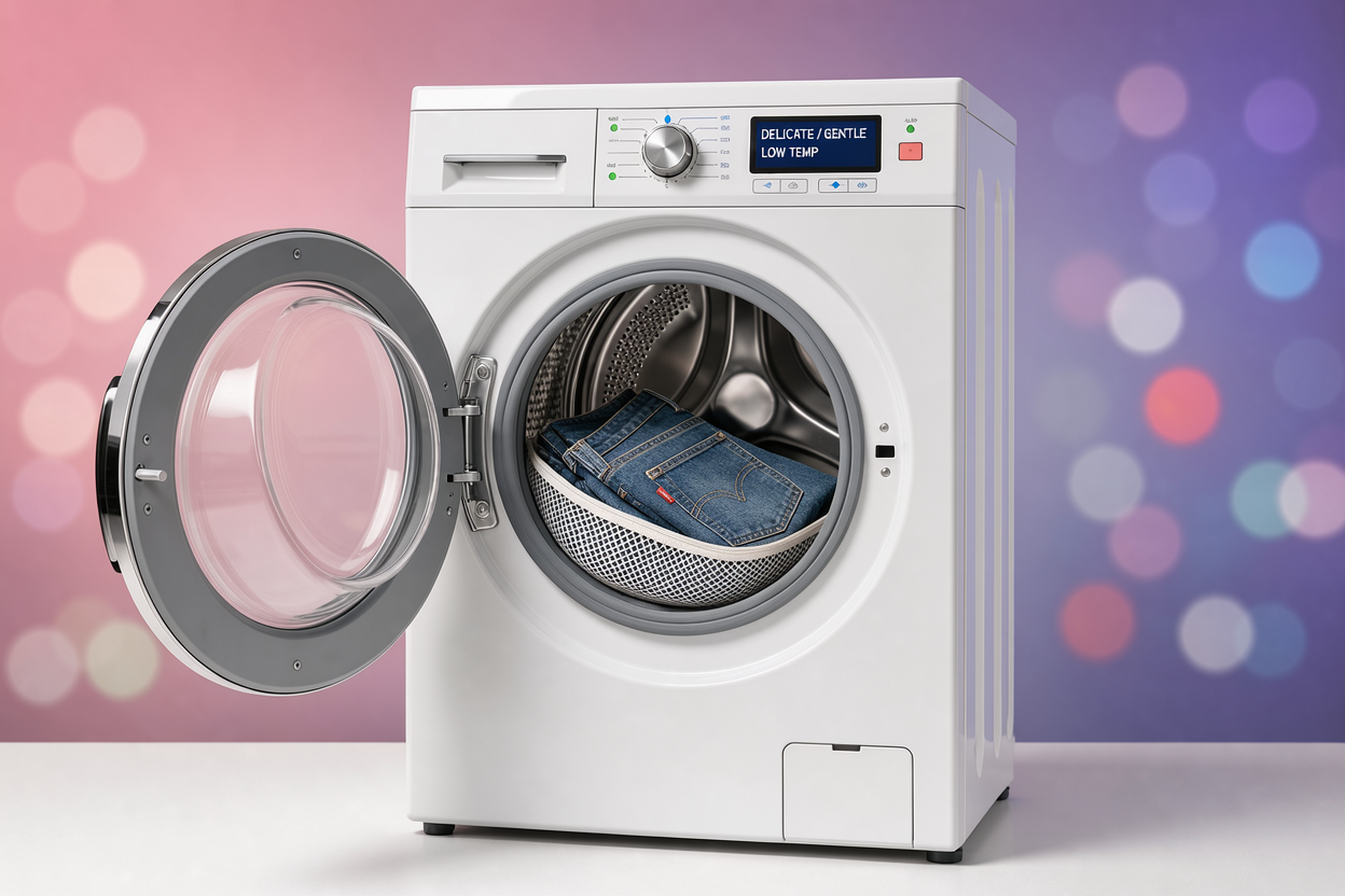 Open front-loading washing machine with a few pairs of jeans inside a mesh bag, the control panel showing a delicate/gentle cycle and low temperature setting
