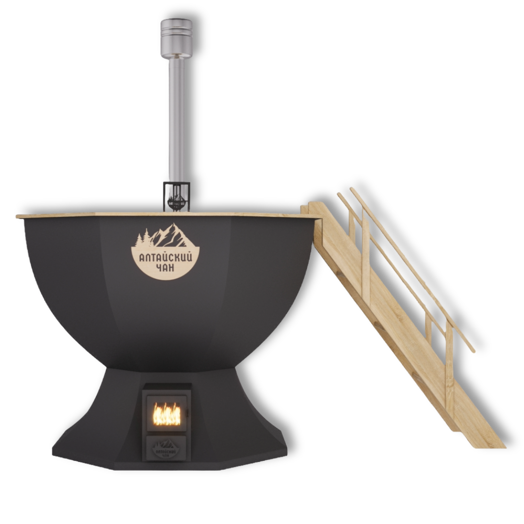 уличный банный чан с печкой на дровах. Этот алтайский банный чан изготовлен из нержавеющей стали и предназначен для 8 человек. Чан имеет подогрев и идеально подходит для банного отдыха. Можно купить по доступной цене в Москве. Уникальный и функциональный банный чан с отличными отзывами.