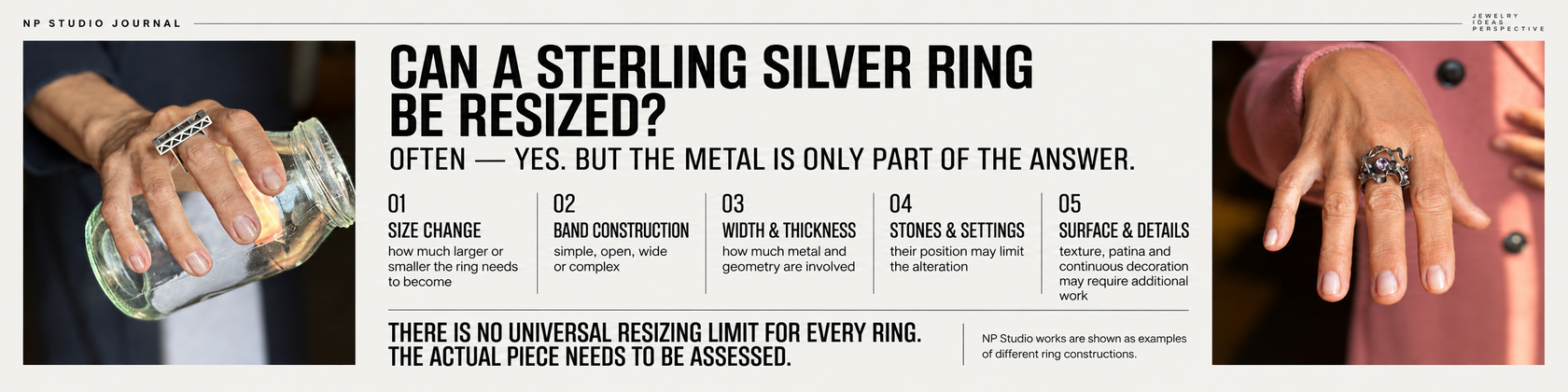 What determines whether a sterling silver ring can be resized: size change, band construction, width and thickness, stones and settings, surface and details