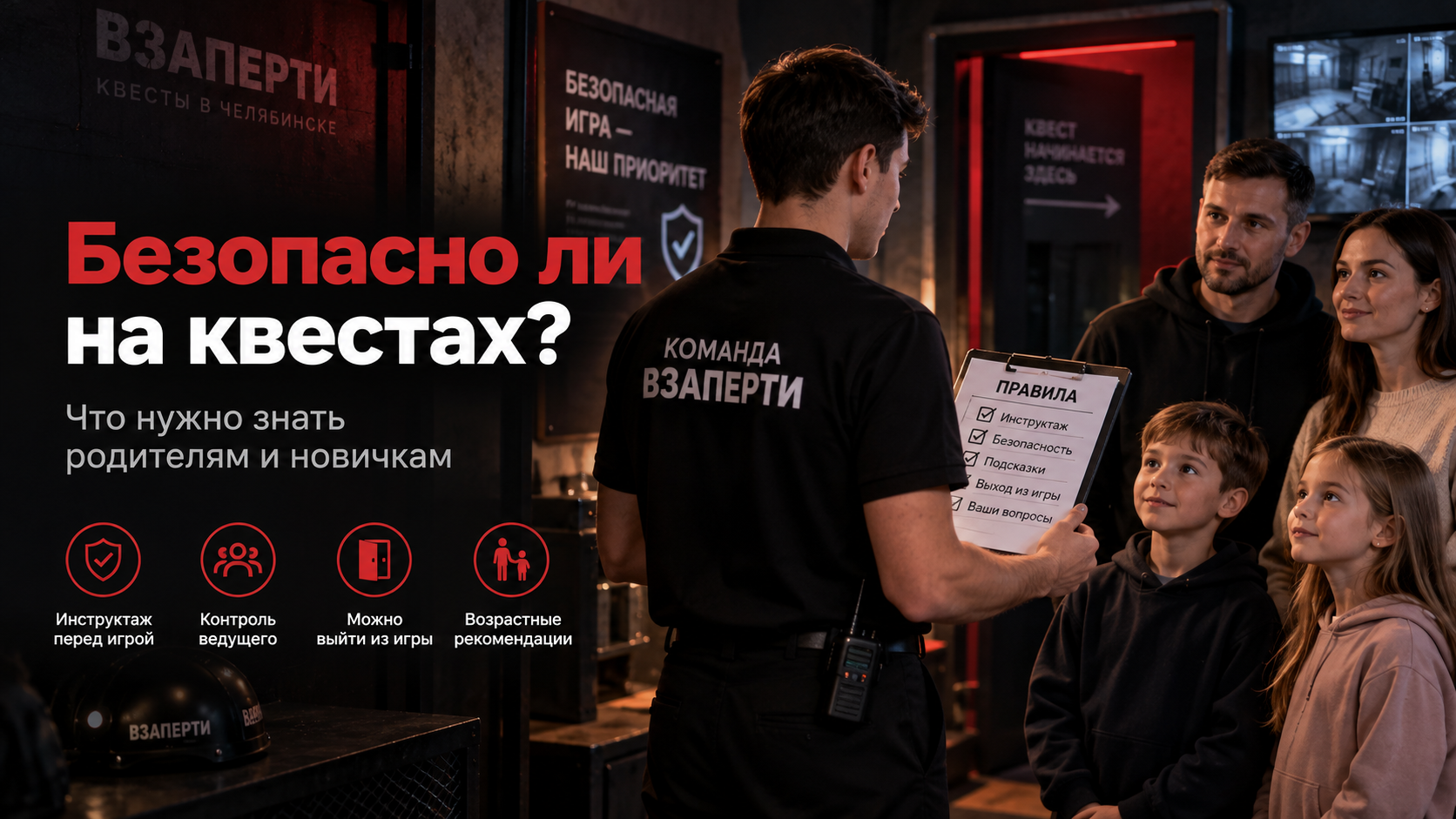 Семья проходит безопасный квест под контролем ведущего