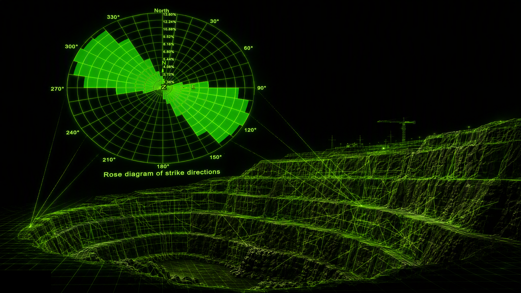 Роза диаграмм и 3D-модель борта карьера в LiDAR360