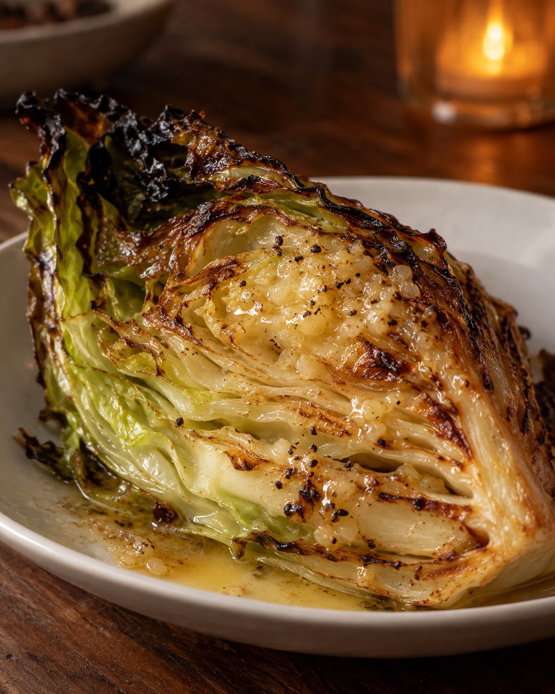 Close-up of a roasted cabbage wedge: charred leaf tips, caramelized edges and miso-garlic butter melting between the layers