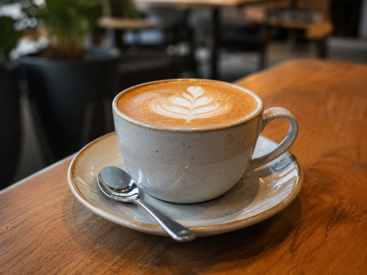 Чашка приготовленного flat white на столике в кофейне