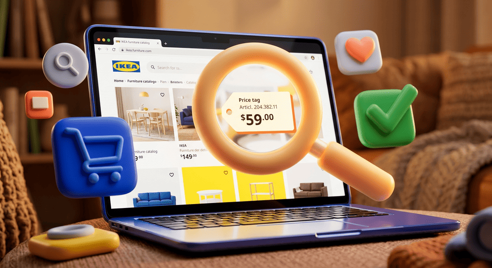 Ноутбук с каталогом IKEA и лупой, наведённой на артикул товара