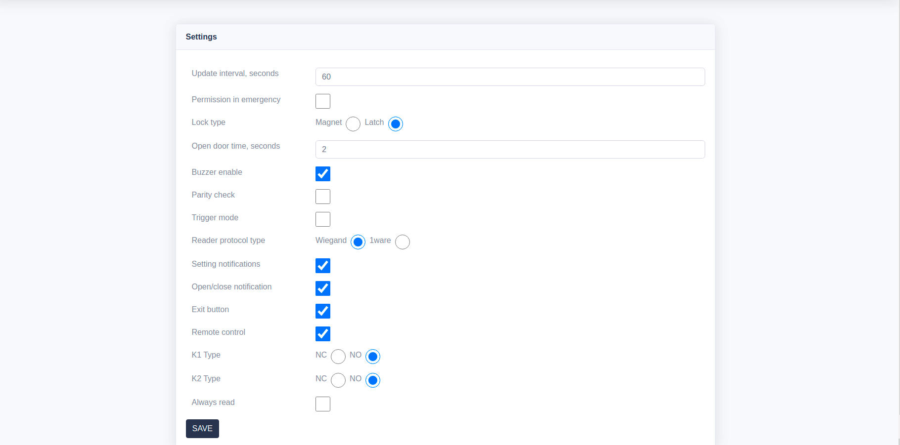 The built-in web admin panel of the device