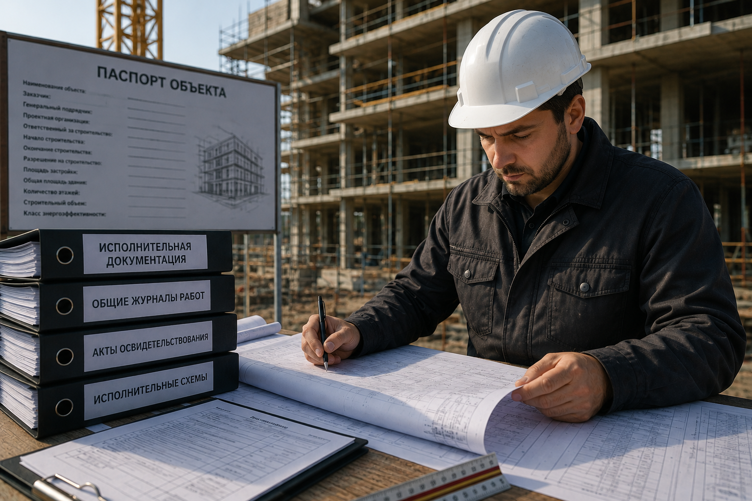 Инженер ПТО проверяет исполнительную документацию на строительном объекте