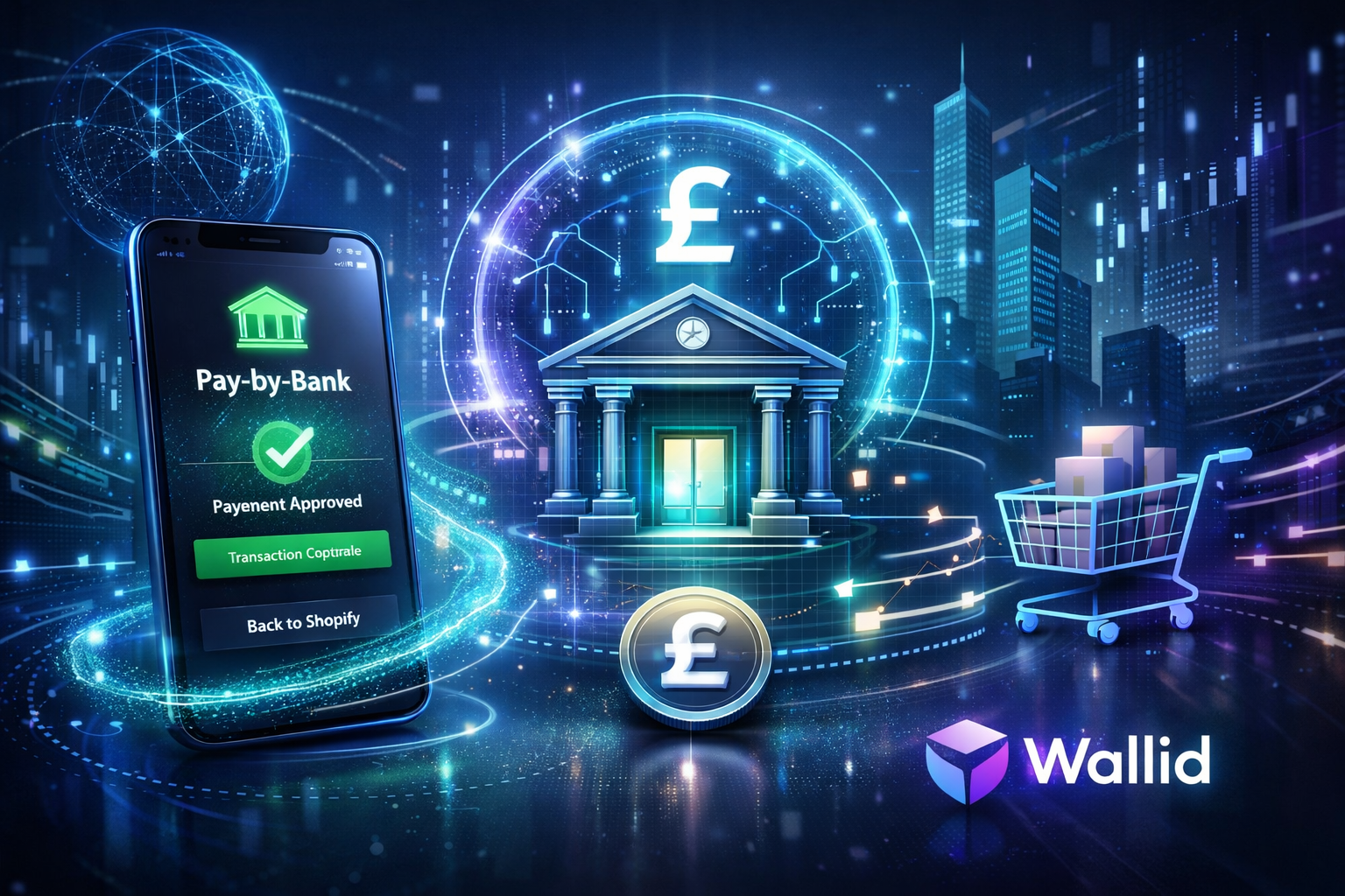 Pay-by-Bank ecommerce payments with Wallid for UK Shopify and WooCommerce merchants, showing direct bank transfer, reduced fees, and checkout cost optimisation.