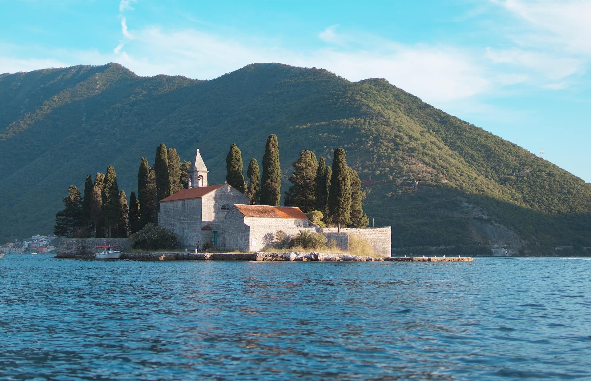 An image of monastery on a small island in Boka Bay Montenegro