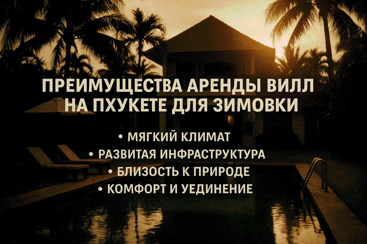Аренда недвижимости на Пхукете  Представьте: тёплый зимний вечер у бассейна на Пхукете вместо холодов дома! Аренда вилл на острове — идеальный выбор для зимовки. Я, проживший здесь 7 лет, знаю, как это меняет жизнь. Z4Realty предлагает проверенные виллы, 
