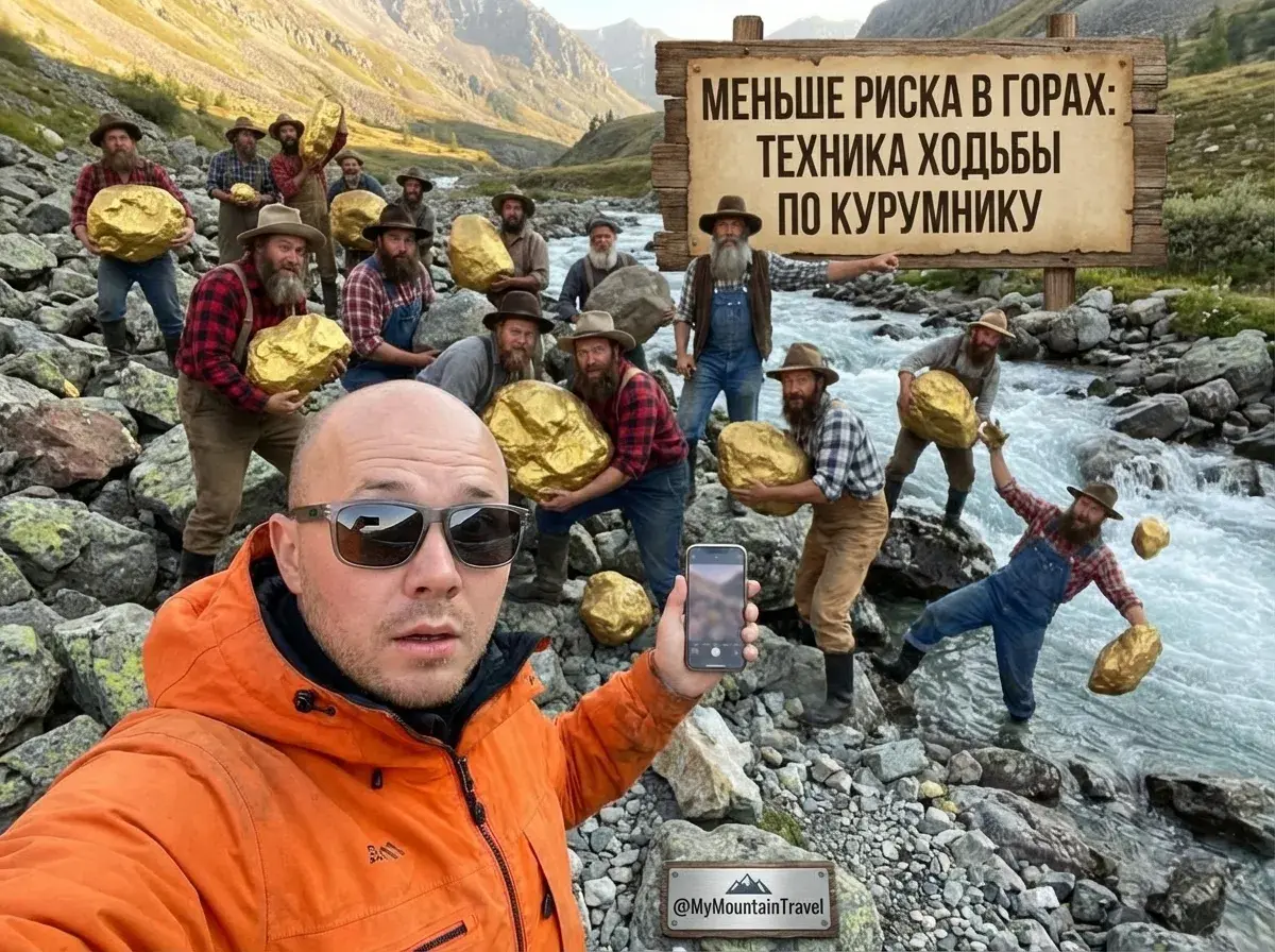 Турист с рюкзаком преодолевает огромный горный курумник